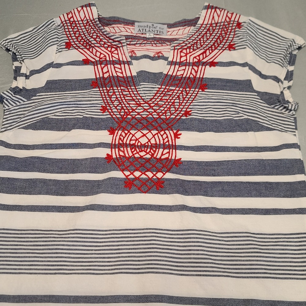 Mud Pie for Atlantis Shift Dress Womens S Blue White‎ Striped Red Embroidered